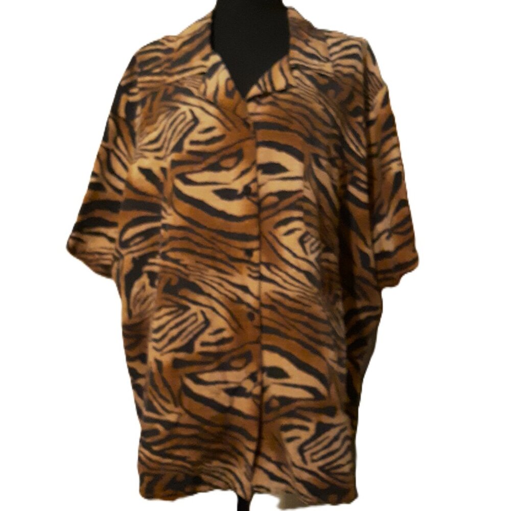 Fashion Bug 100% Silk Animal Print Short Sleeve Button Up Blouse Y2K Vintage